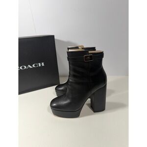 Coach Black Iliana Leather Platform Ankle Boots Block Heel Gold Logo‎ Buckle 8